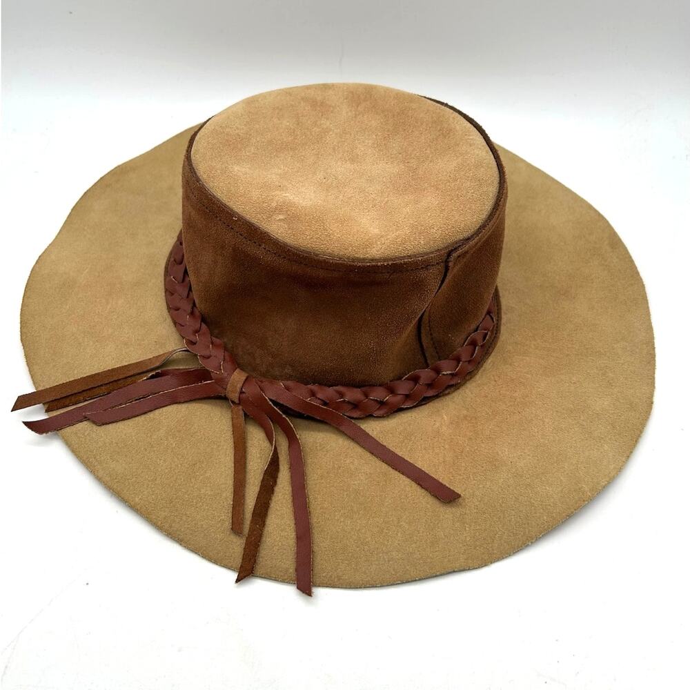 Vintage Suede Wide Brim Bolero Hat Braided Tan Leather Band Size 6 3/8 51cm - Picture 7 of 10